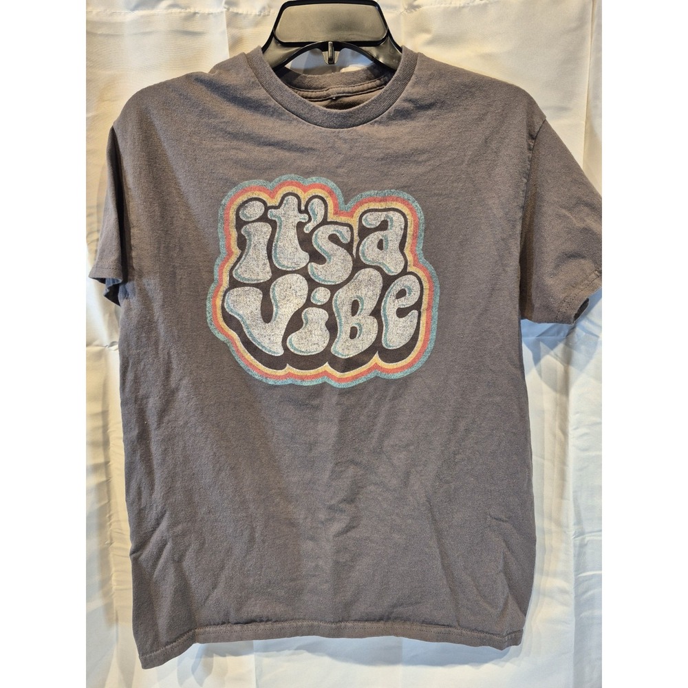 DOM Men T-Shirt Medium Gray Its A Vibe Graphic 70s Groovy Short Sleeve Crew Neck